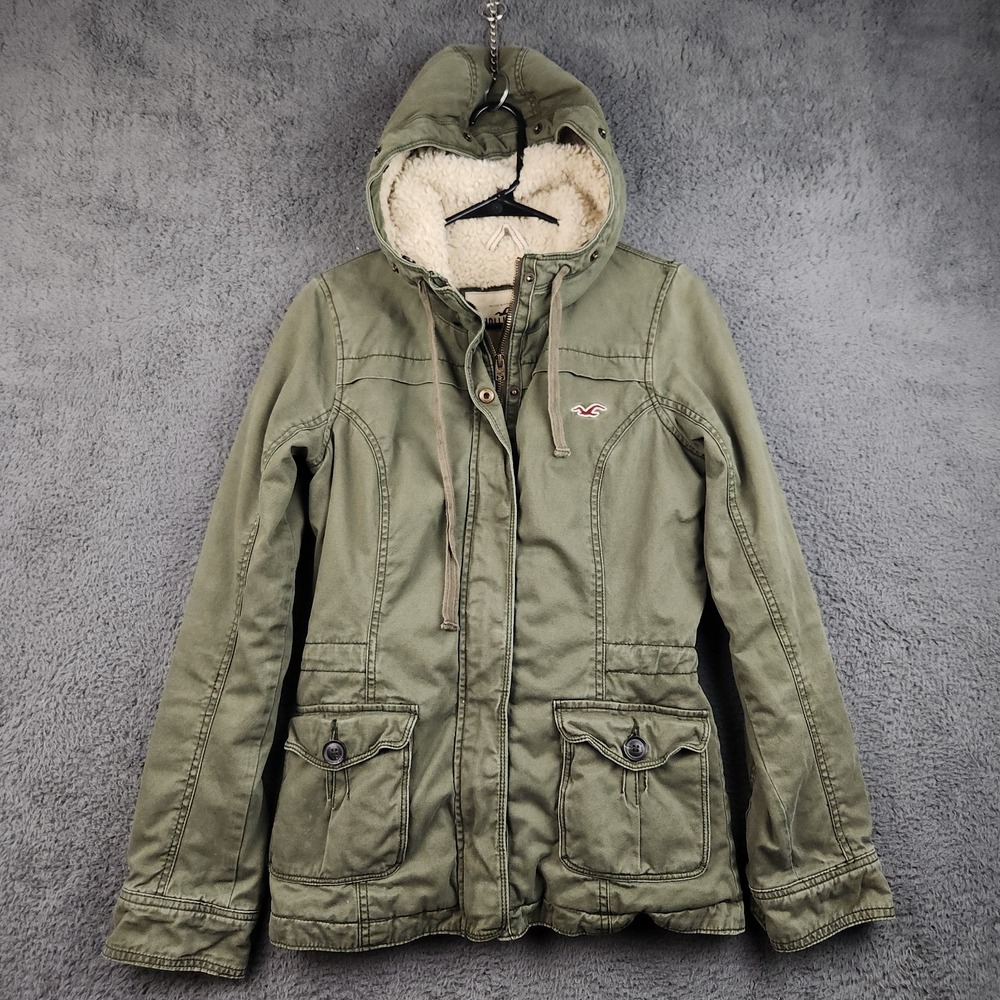 Y2K Hollister Sherpa Lined Cinch Waist Parka Jacket Womens Medium Hooded Coat